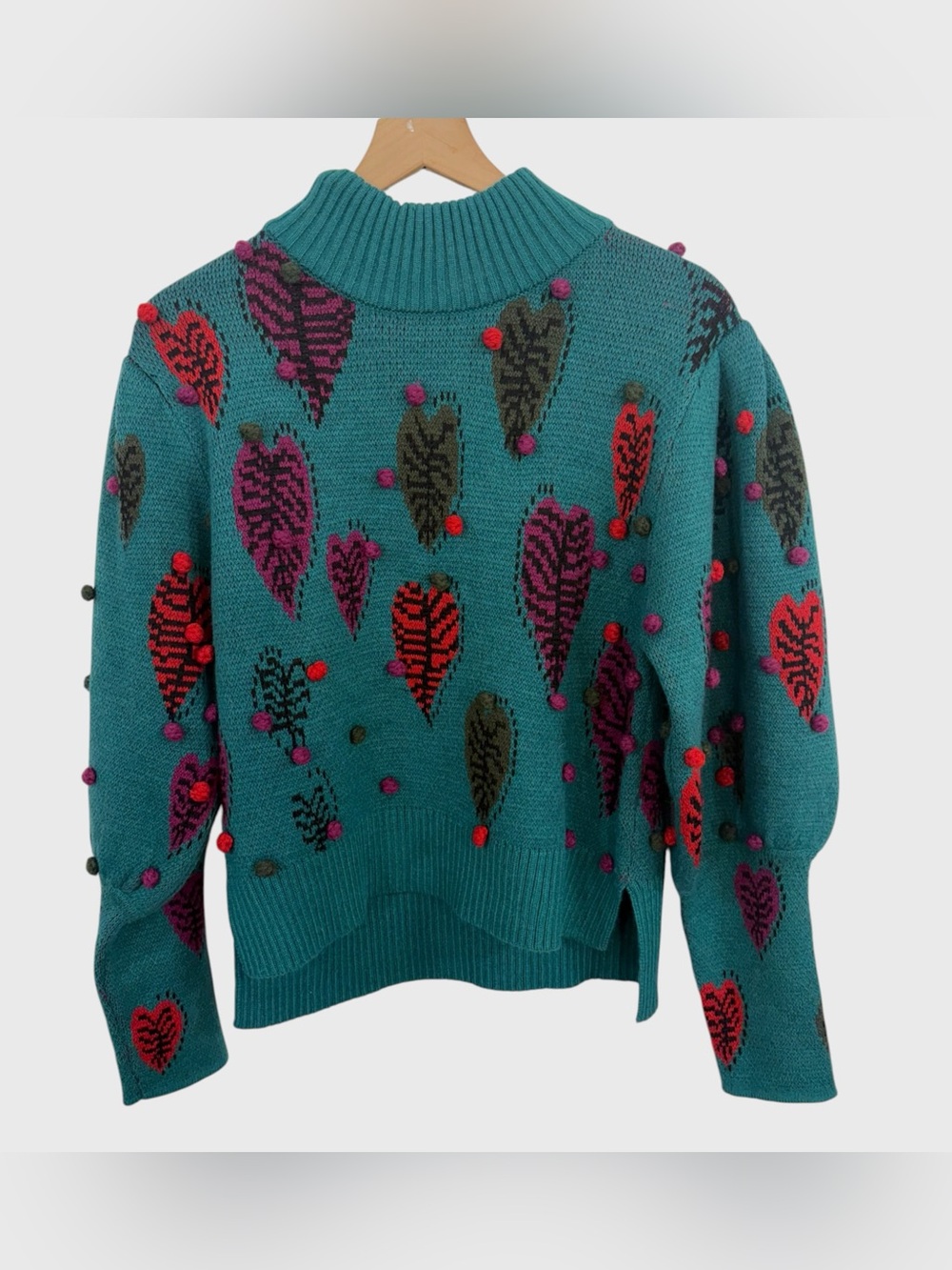 Farm Rio Green Monstera Hearts Pom Pom Knit Sweater Oversized XS